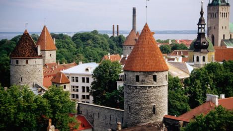 The city of Tallinn and its medieval walls and towers from Toompea hill, legend has it that the hill is the burial ground of Estonias first leader, Kalev