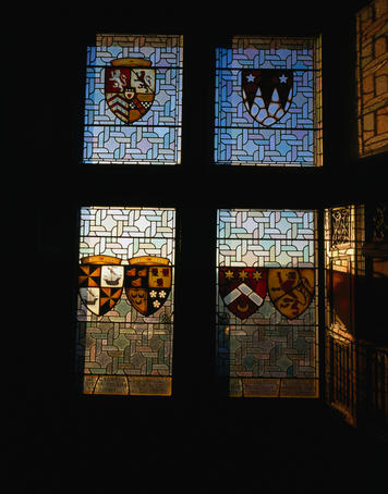 Edinburgh Castle, stained glass windows depicting coat of arms in the banqueting hall.