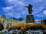 A statue in gardens at the front of the Banff Hotel.