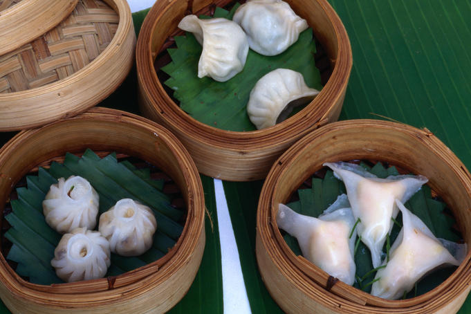 Dim Sims and steamed dumplings with minced pork and prawn.