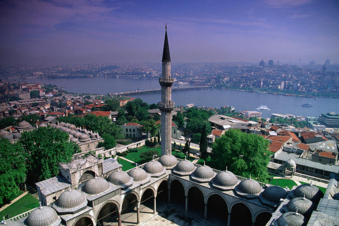 Aerial view over Aya Sofya Church in Sultanahmet Park and city.