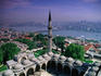 Aerial view over Aya Sofya Church in Sultanahmet Park and city.