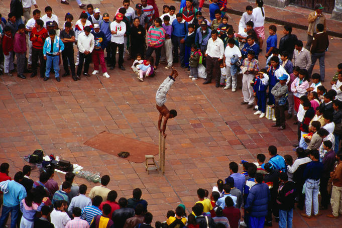 Street acrobatics in the old section of Quito