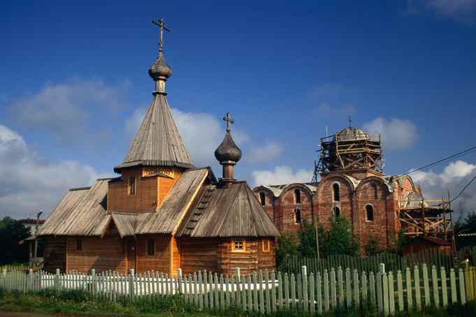 Reconstructed 10th and 13th century Russian Orthodox churches near the Dzvina River.