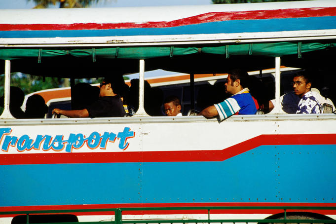 Schoolboys in bus, central Suva.