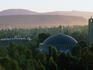 The dome of the church of St Mary of Zion surrounded by forest and bathed in the light of a sunset