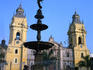 The San Francisco Monastery and bronze statue on Plaza de Armas in Lima. The monastery was finished in 1674.