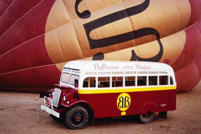 Hot-air balloon and bus.