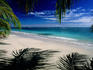A picture postcard beach: clear water lapping white sands, dappled with the shade of palm trees