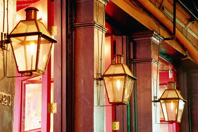 Historic streetlamps on Decatur Street in French Quarter.
