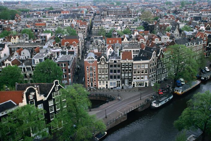 Overhead of gabled houses in the Joordan area, from tower of Westerkerk.