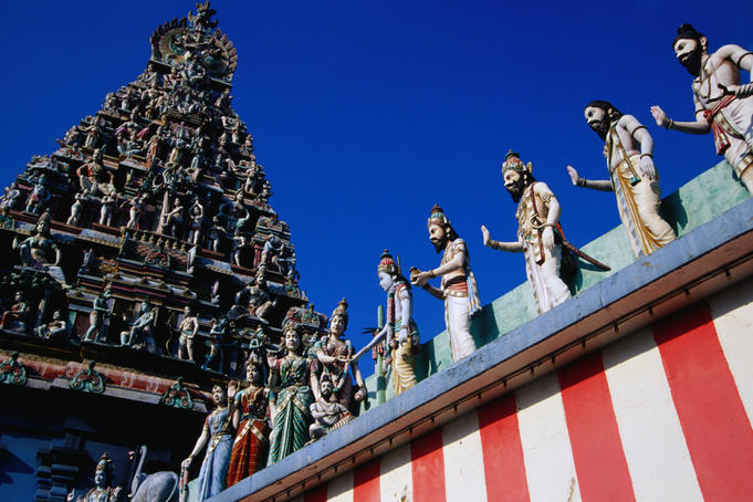 Statues adorn Sri Srinivasa Perumal Temple, large complex devoted to Vishnu.