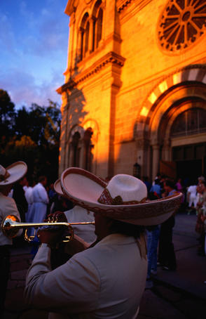 Celebrations for Fiesta de Santa Fe in front of St Francis Cathedral.