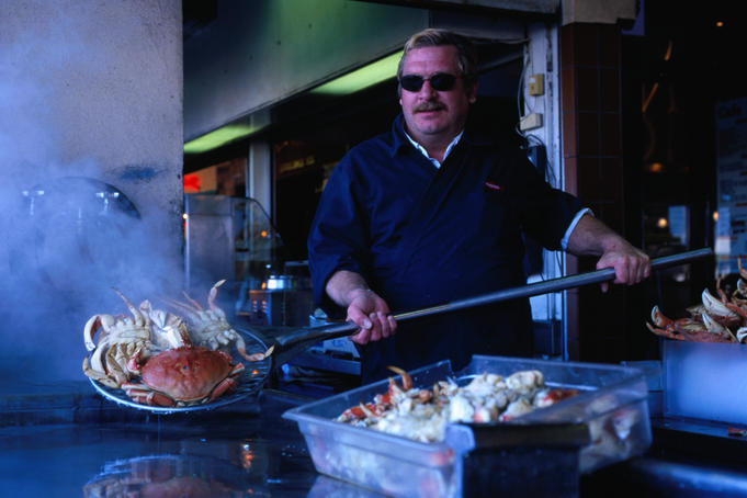 Removing crabs from the cooker at Aliotos on Fisherman's Wharf.