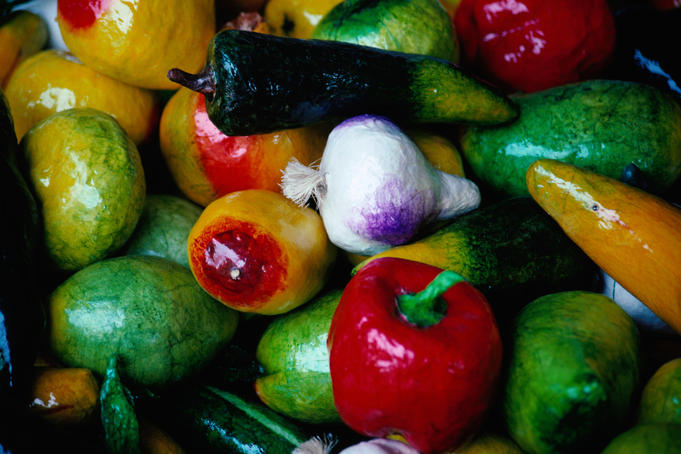 Papier mache fruits and vegetables.