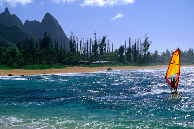 A windsurfer surfing off Bali Hai, a north shore beach.