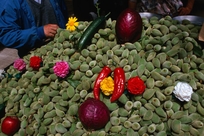 Green almonds stall.