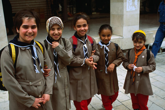 Young Damascus school girls in uniform.