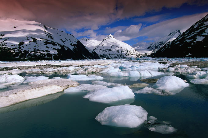 Icebergs and mountains at Portage Lake, Portage Glacier Recreation Area.