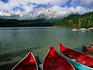 Red canoes on Pyramid Lake, near Jasper.