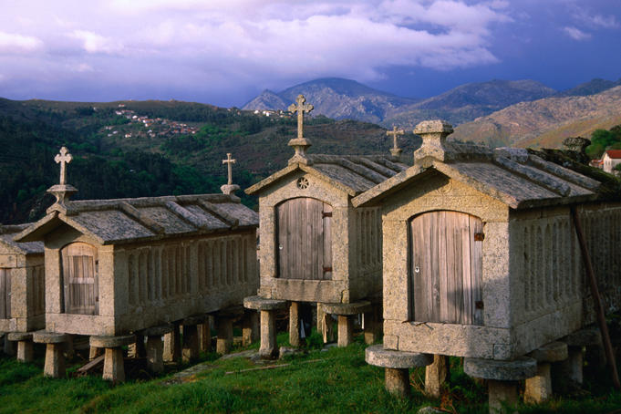 The espigueiros of Peneda-Geres National Park. The huts are used as storage to protect grains and crops from vermin.