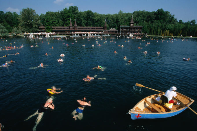 Bathers swimming in Gyogy-to (thermal lake) of Heviz.