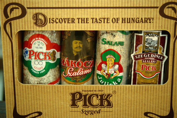 Traditional salami's for sale from the Salami and Paprika Museum of the historic Pick factory.