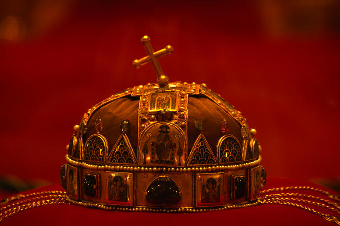 The Holy Crown of Hungary (Magyar Szent Korona) or 'the Crown of St Stephen' (founder and hero of Hungary) in the Budapest Parliament Buildings.