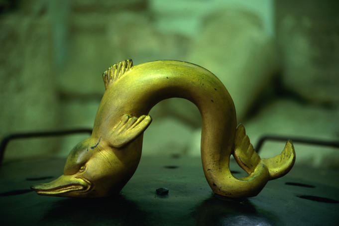 Ancient dolphin handle (about 500 years old) belonging to the steam lid of the Kiraly Thermal Bath in Budapest.