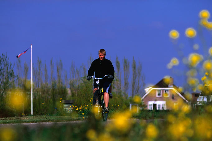 Cyclist on one of the many Dutch cycle paths.