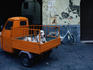 Huge great dane dog in the back of tiny orange 3-wheeled truck in Lucca.