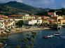 Town waterfront with moored boats.