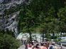 Hikers rest for sandwiches on top of Vernal Falls in Yosemite.