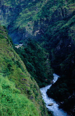 The village of Jagat (1300m) situated above the Marsyangdi Khola (river) on the Annapurna Circuit trek.