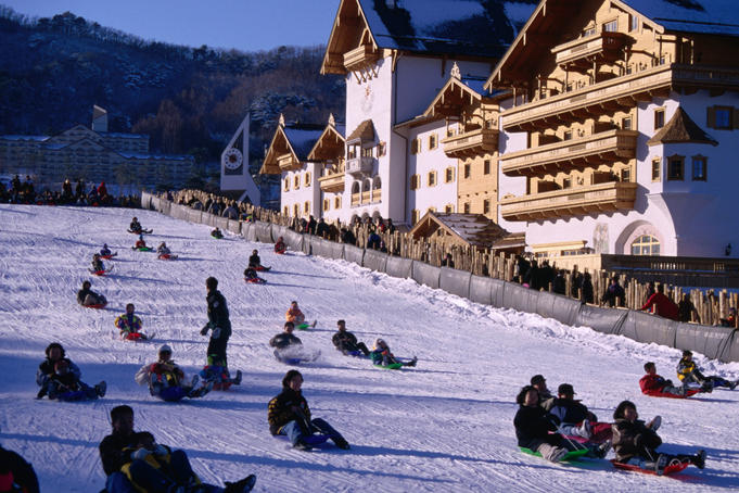 Sledding at Muju ski resort in Togyu-san National Park.