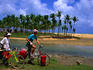 Cyclists rest at a beach on the East Coast of Malaysia with a backdrop of palm trees and thatched huts.