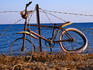 Broken-down bike against barbed wire fence.