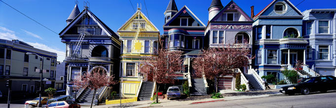 Colourful Victorian buildings.