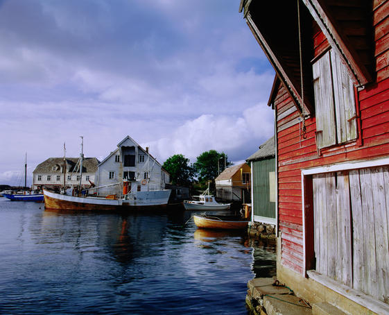 Trawler and boats in harbour, Glesvaer, Sotra district.