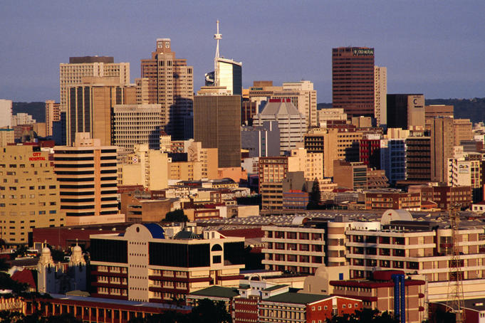 City skyline at dusk.