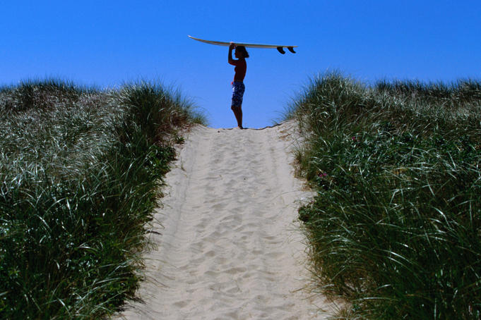 Surfer carrying board on dunes at Long Point.