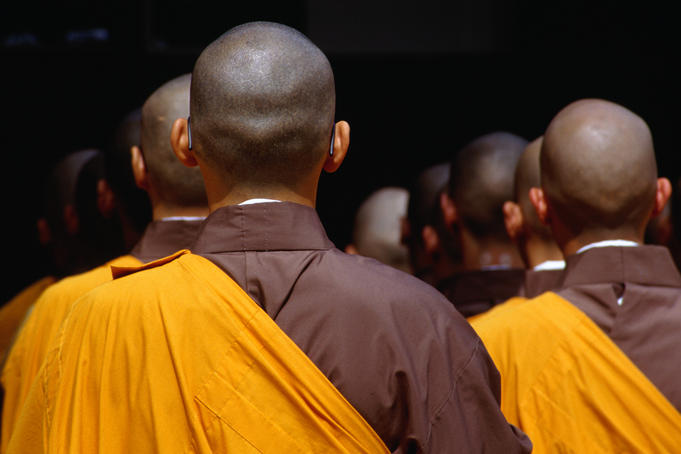 Monks in group prayer ritual at Kongobu-ji, Koya-San.