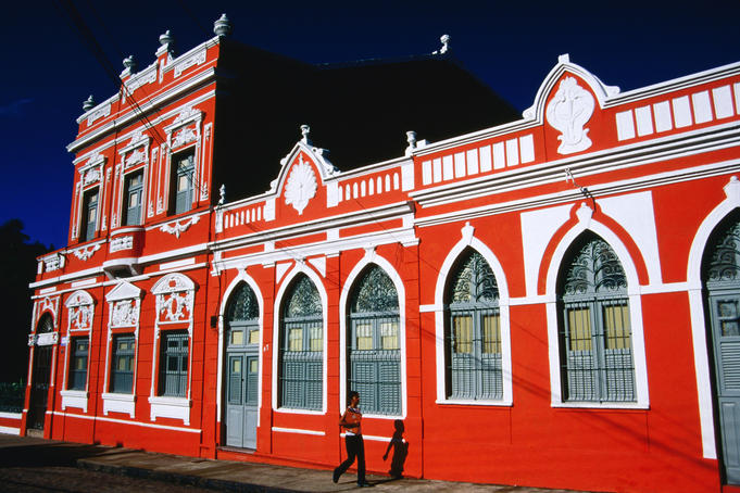 Bright painted building in old town, Olinda