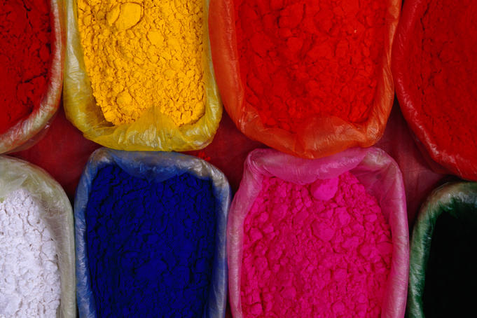 Brightly hued dyes of tikka powder for sale in Kathmandu's markets.