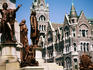 Statues outside historic building.