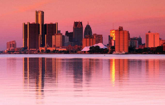 Skyline at sunset, viewed from Belle Isle Park, Detroit River.