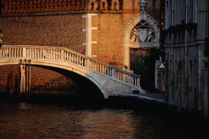 The delicate bridge crossing Rio Ca'Foscari looking east to Ca'Foscari, Dorsoduro.