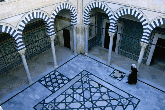 Central courtyard of the Zaouia of Sidi Abid el-Ghariani, Kairouan The zaouia (shrine) houses the tomb of the Hafsid sultan Moulay Hassan who ruled from 1525 to 1543.