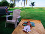 Boy sleeping outside Vaoto Lodge, Manua'a Islands.