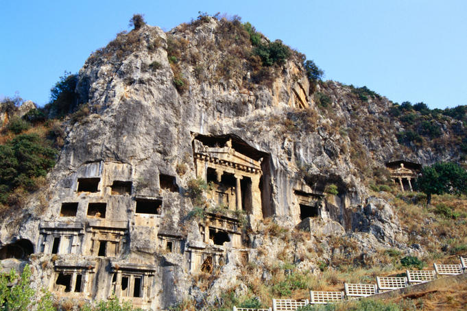 The Tombs of Amyntas (350 BC), a Doric temple facade carved into the rockface, Fethiye